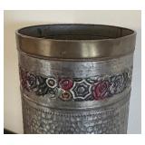 Vintage Hammered Metal Umbrella Stand with Embossed Floral Band