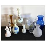 Collection of 11 Vintage Glass Vases and Decorative Bottles Assorted Colors and Styles