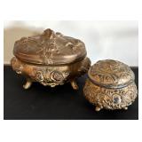 Set of 2 Ornate Vintage Brass Jewelry Casket Boxes with Lined Interiors