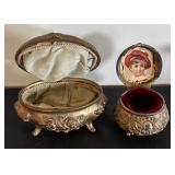 Set of 2 Ornate Vintage Brass Jewelry Casket Boxes with Lined Interiors