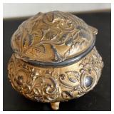 Set of 2 Ornate Vintage Brass Jewelry Casket Boxes with Lined Interiors