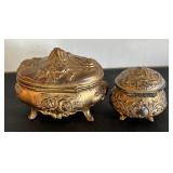 Set of 2 Ornate Vintage Brass Jewelry Casket Boxes with Lined Interiors
