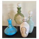 Set of 4 Vintage Embossed Glass Decanters Dresser Bottles