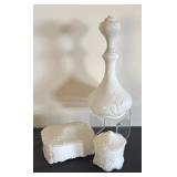 Vintage Milk Glass Decanter and Trinket Box Set