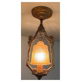 Vintage Art Deco Ceiling Light Fixture with Ornate Brass Frame and Glass Shade