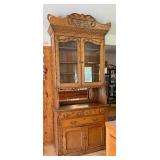Antique Oak Hutch Cabinet with Glass Doors and Ornate Detailing