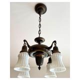Antique 4-Light Ceiling Fixture with Ornate Brass and Glass Shades