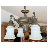 Antique 4-Light Ceiling Fixture with Ornate Brass and Glass Shades