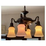 Antique 4-Light Ceiling Fixture with Ornate Brass and Glass Shades