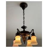 Antique 4-Light Ceiling Fixture with Ornate Brass and Glass Shades