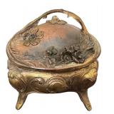 Antique Ornate Metal Jewelry Casket with Floral Embellishments