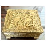 Antique Gilt Metal Trinket Box with Cherub Relief / Antique Metal Jewelry Casket