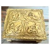 Antique Gilt Metal Trinket Box with Cherub Relief / Antique Metal Jewelry Casket