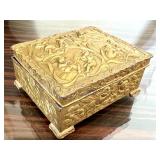 Antique Gilt Metal Trinket Box with Cherub Relief / Antique Metal Jewelry Casket