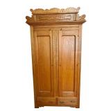 Antique Wood Cabinet / Armoire with Ornate Top and Brass Hardware