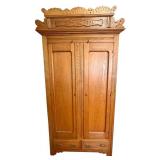 Antique Wood Cabinet / Armoire with Ornate Top and Brass Hardware