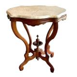 Vintage Marble-Top Parlor Table with Ornate Wood Base