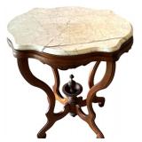 Vintage Marble-Top Parlor Table with Ornate Wood Base
