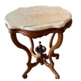 Vintage Marble-Top Parlor Table with Ornate Wood Base
