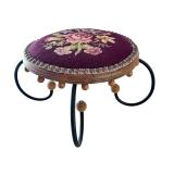 Vintage Embroidered Floral Footstool with Metal Legs