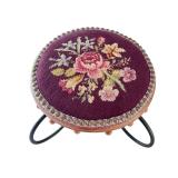 Vintage Embroidered Floral Footstool with Metal Legs