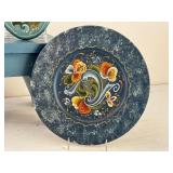 Set of Norwegian Rosemaling Decor Plates and Painted Blue Wooden Bench