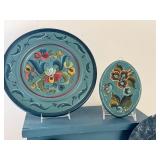 Set of Norwegian Rosemaling Decor Plates and Painted Blue Wooden Bench