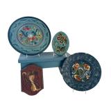Set of Norwegian Rosemaling Decor Plates and Painted Blue Wooden Bench