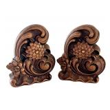 Pair of Vintage 6.75 Inch Ornate Wooden Bookends with Floral Design