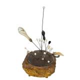 Antique Victorian Metal Pin Cushion with Assorted Hat Pins