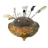 Antique Victorian Metal Pin Cushion with Assorted Hat Pins