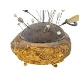 Antique Victorian Metal Pin Cushion with Assorted Hat Pins
