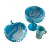 Vintage Blue Slag Glass Collection including Fenton Cabbage Rose Bowl and Heart Nappy Dish