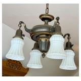 Antique 4-Light Ceiling Fixture with Ornate Brass and Glass Shades