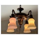 Antique 4-Light Ceiling Fixture with Ornate Brass and Glass Shades