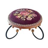 Vintage Embroidered Floral Footstool with Metal Legs
