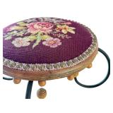 Vintage Embroidered Floral Footstool with Metal Legs