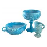 Vintage Blue Slag Glass Collection including Fenton Cabbage Rose Bowl and Heart Nappy Dish