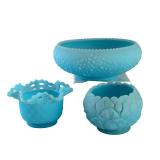 Set of 3 Vintage Fenton Blue Satin Bowls and Candy Dish including Vintage Fenton Basket Weave Candy Bowl