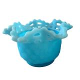 Set of 3 Vintage Fenton Blue Satin Bowls and Candy Dish including Vintage Fenton Basket Weave Candy Bowl