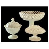 Set of 6 Vintage White Milk Glass Compotes and Covered Dishes Assorted Patterns