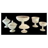 Set of 6 Vintage White Milk Glass Compotes and Covered Dishes Assorted Patterns