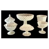 Set of 6 Vintage White Milk Glass Compotes and Covered Dishes Assorted Patterns