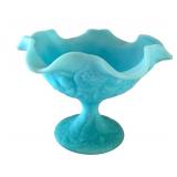 Set of 3 Vintage Fenton Blue Satin Glass Pieces with Ruffled Compote
