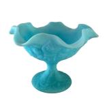 Set of 3 Vintage Fenton Blue Satin Glass Pieces with Ruffled Compote