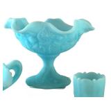 Set of 3 Vintage Fenton Blue Satin Glass Pieces with Ruffled Compote