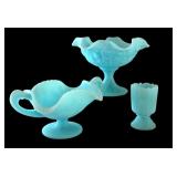 Set of 3 Vintage Fenton Blue Satin Glass Pieces with Ruffled Compote