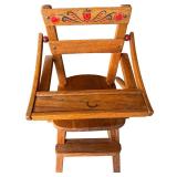 Vintage Wooden Doll High Chair with Folk Art Motif