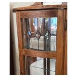 Vintage Oak Curio Display Cabinet with Glass Shelves and Leaded Glass Door