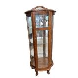 Vintage Oak Curio Display Cabinet with Glass Shelves and Leaded Glass Door